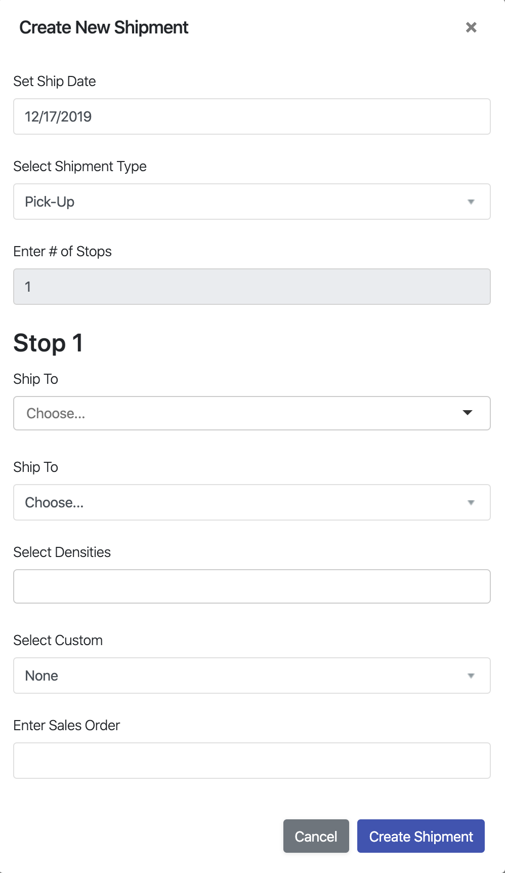 Create Shipment Modal